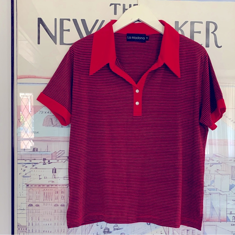 Vintage 70’s red + navy striped T with peaked collar mother pearl buttons Size S